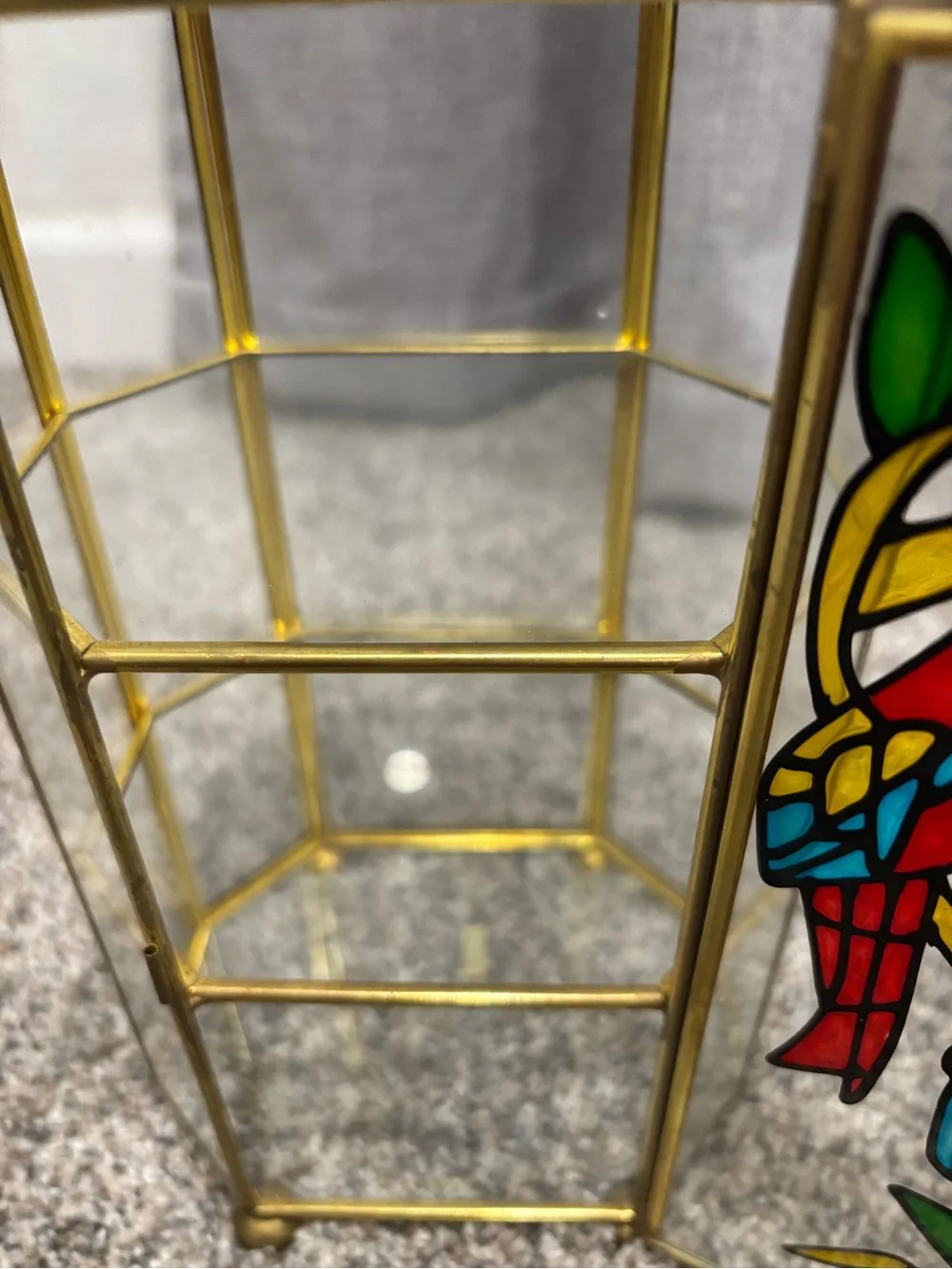 Vintage Brass Hexagonal Glass Curio Cabinet With Stained Glass Parrots